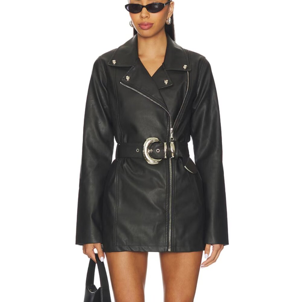 NEW Show Me Your Mumu Stapleton Mini Dress Caviar Black Faux Leather Long Sleeve